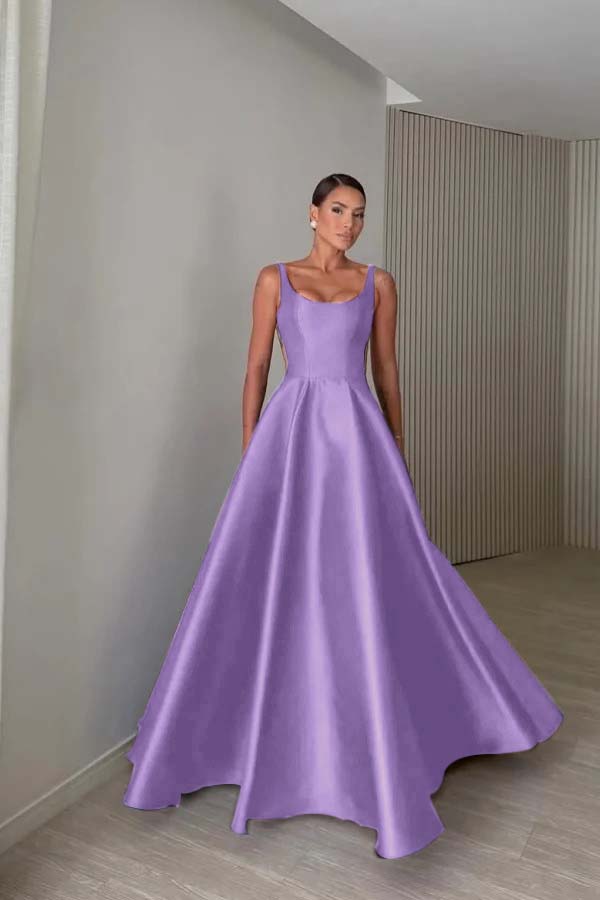 Elegant Satin Wide Shoulder Straps Sleeveless Backless Prom Dress