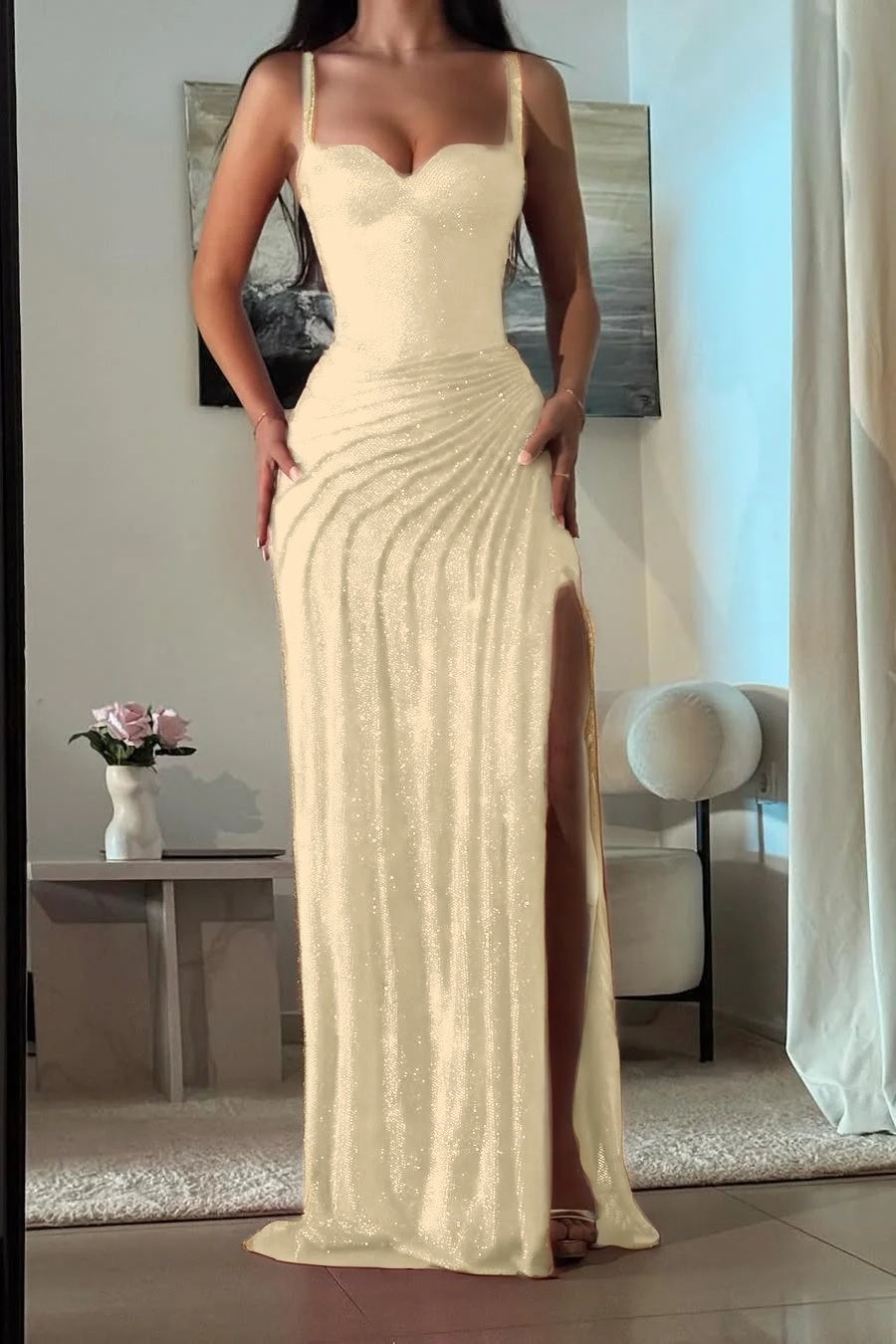 Amazing Fuchsia Sequins Spaghetti Strap Sweetheart Sleeveless Pleated Prom Dress with Split