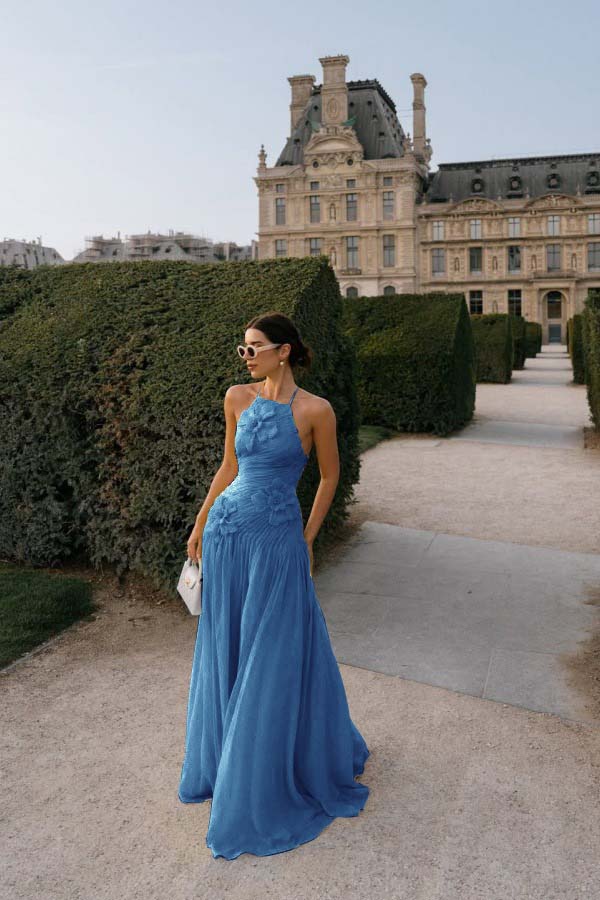 Elegant Yellow Chiffon Halter Sleeveless Applique Prom Dress with Pleated