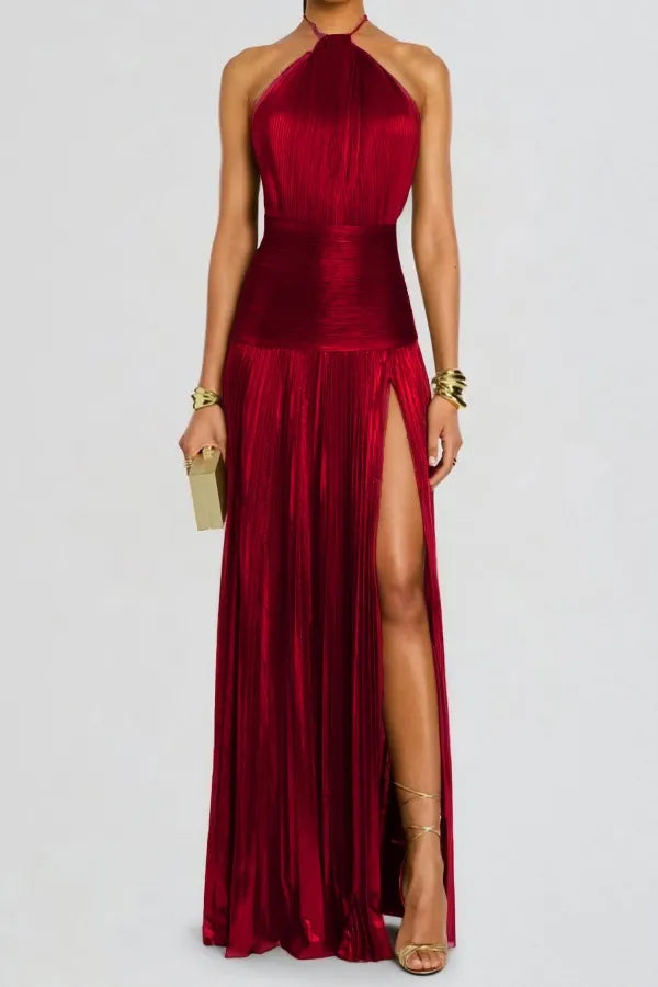 Charming Green Halter Sleeveless Backless Split Prom Dress with Pleated