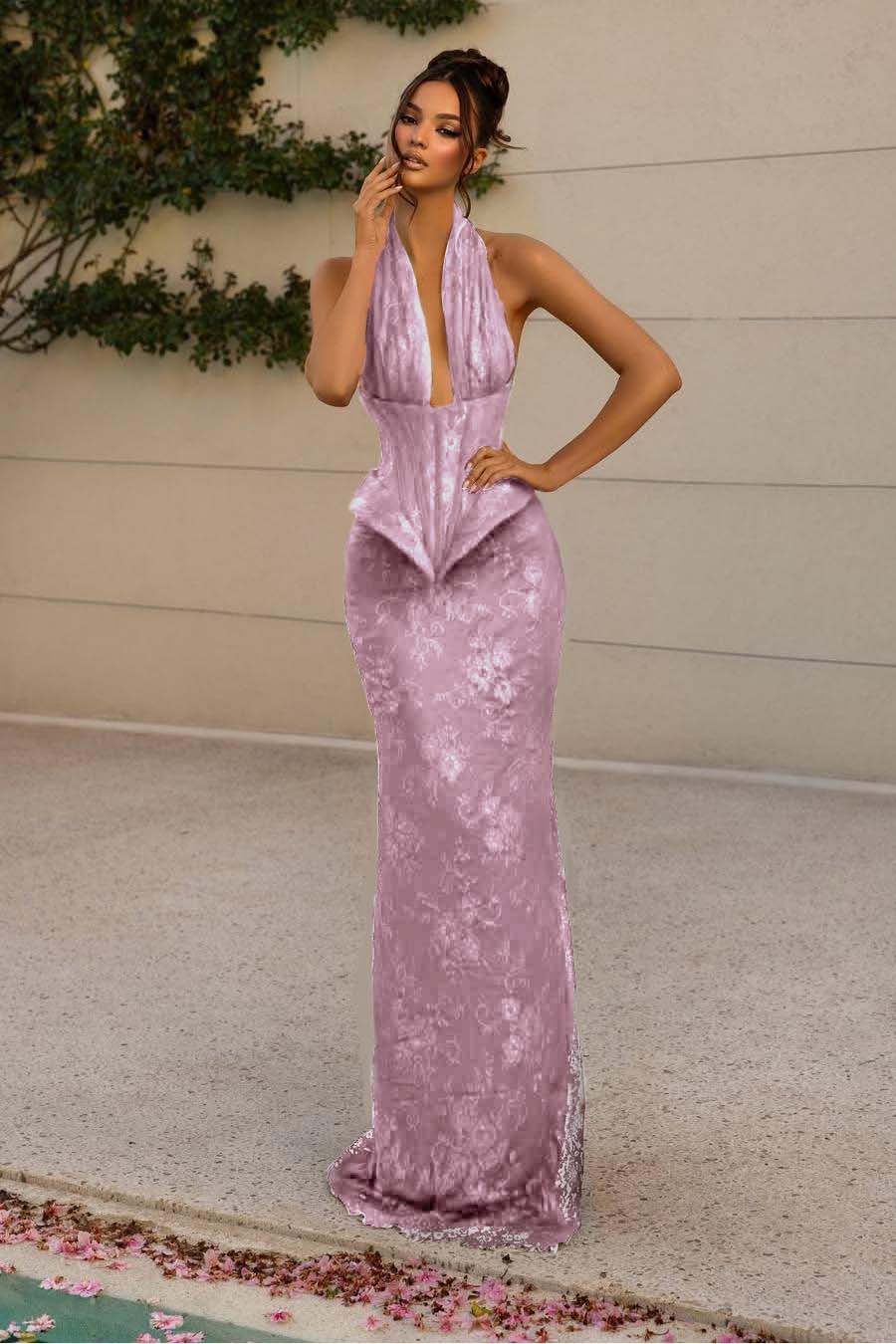 Luxurious Burgundy Halter Sleeveless Lace Slim Long Prom Dress