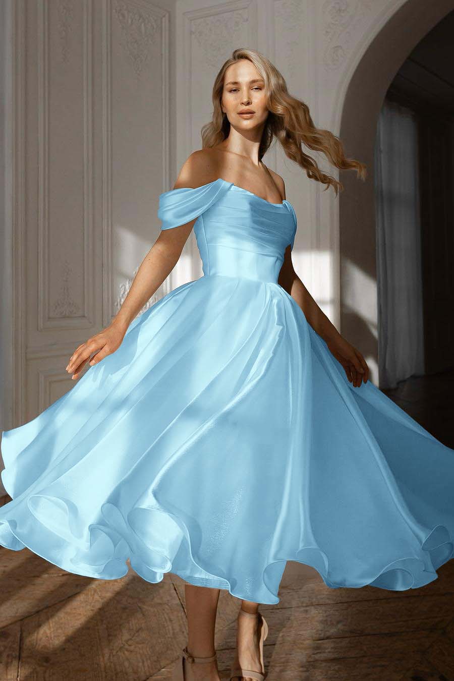 Exquisite White Satin Strapless Off the Shoulder A Line Prom Dress with Ruffles