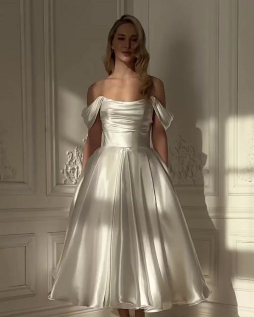 Exquisite White Satin Strapless Off the Shoulder A Line Prom Dress with Ruffles