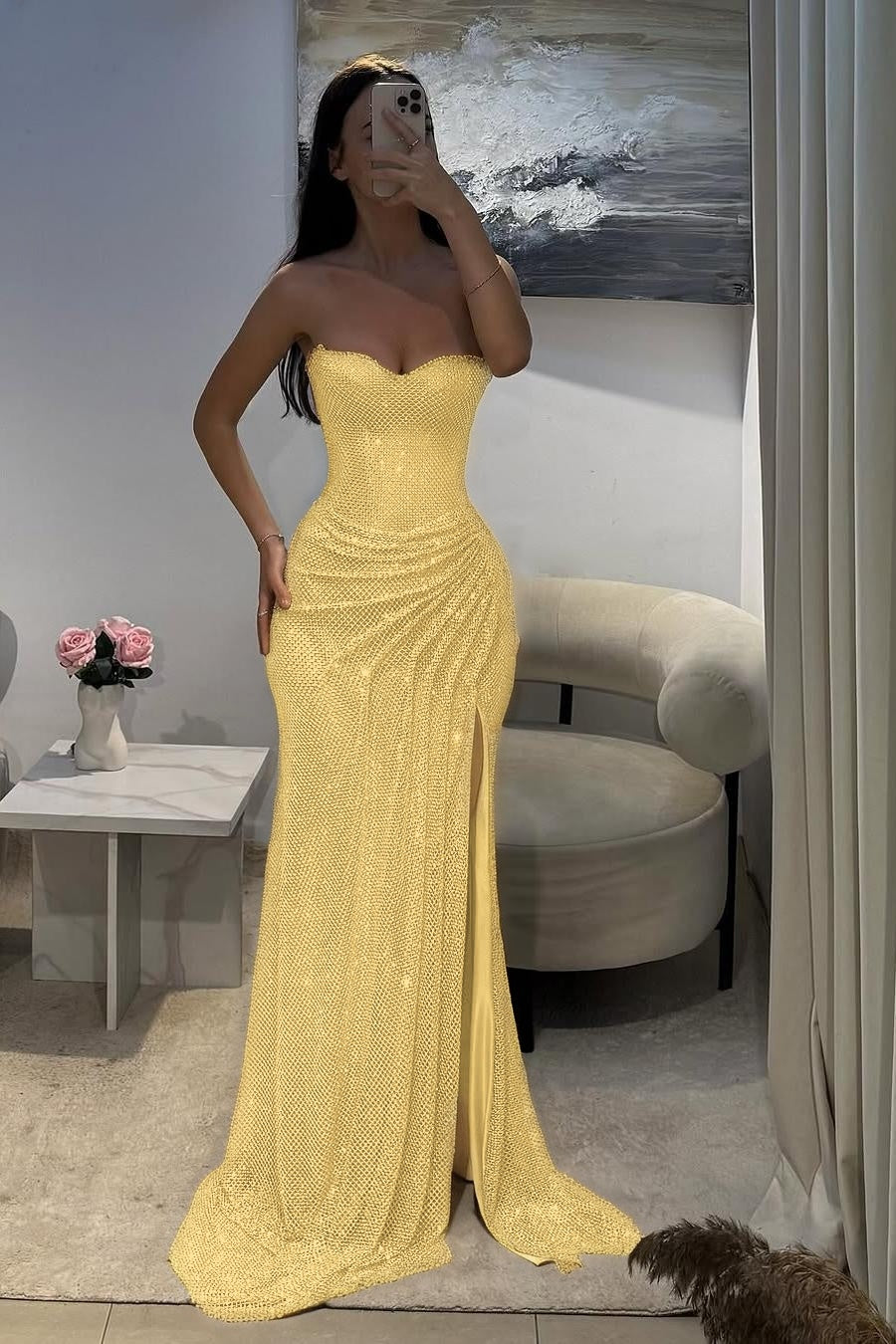 Shinning Silver Sweetheart Sleeveless Long Pleated Prom Dress with Split