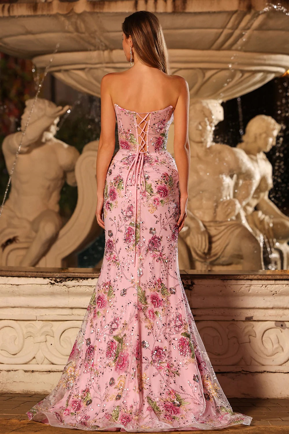 Sparkly Mermaid Strapless Corset Appliqued Sequin Pink Long Prom Dress with Slit