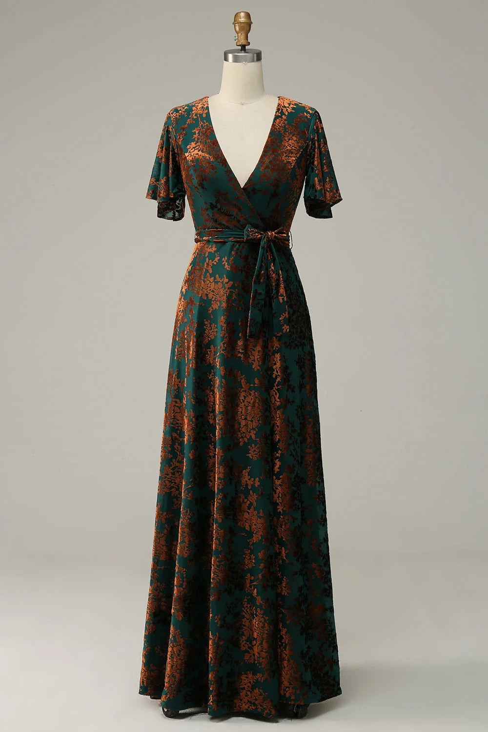 Burgundy Burnout Velvet A-Line V Neck Maxi Dress with Short Sleeves