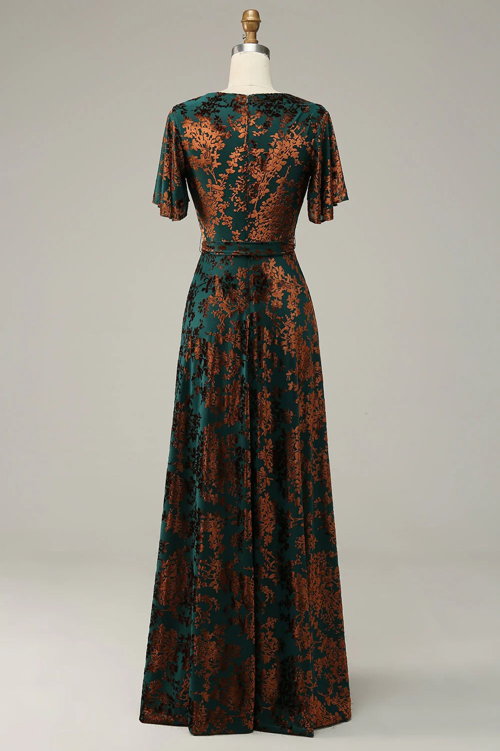Burgundy Burnout Velvet A-Line V Neck Maxi Dress with Short Sleeves