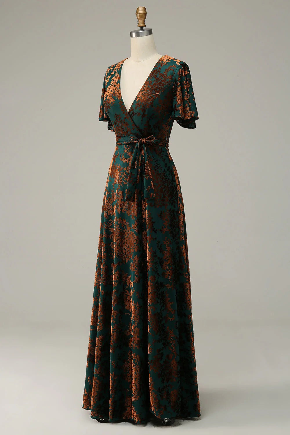 Burgundy Burnout Velvet A-Line V Neck Maxi Dress with Short Sleeves