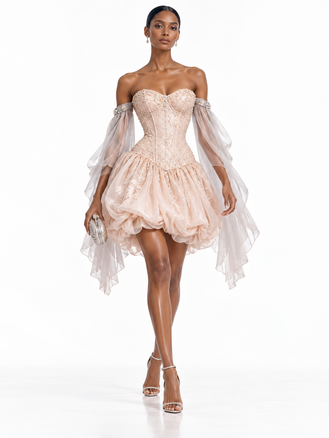 Blush Off Shoulder Corset Bubble Mini Dress