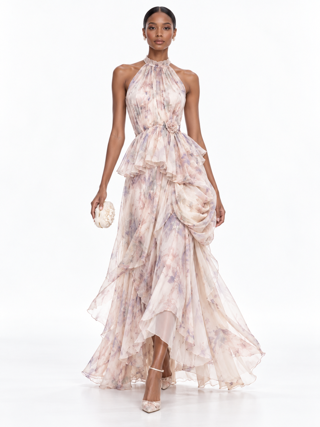 Multicolor Floral Print Halter Ruffled Maxi Dress