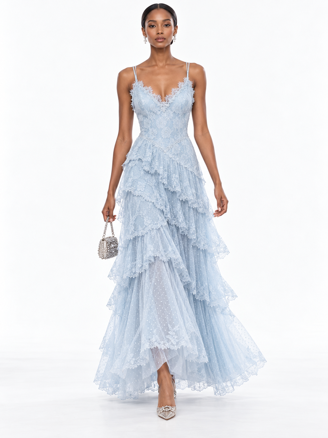 LightBlue Lace Tiered Ruffled Maxi Dress