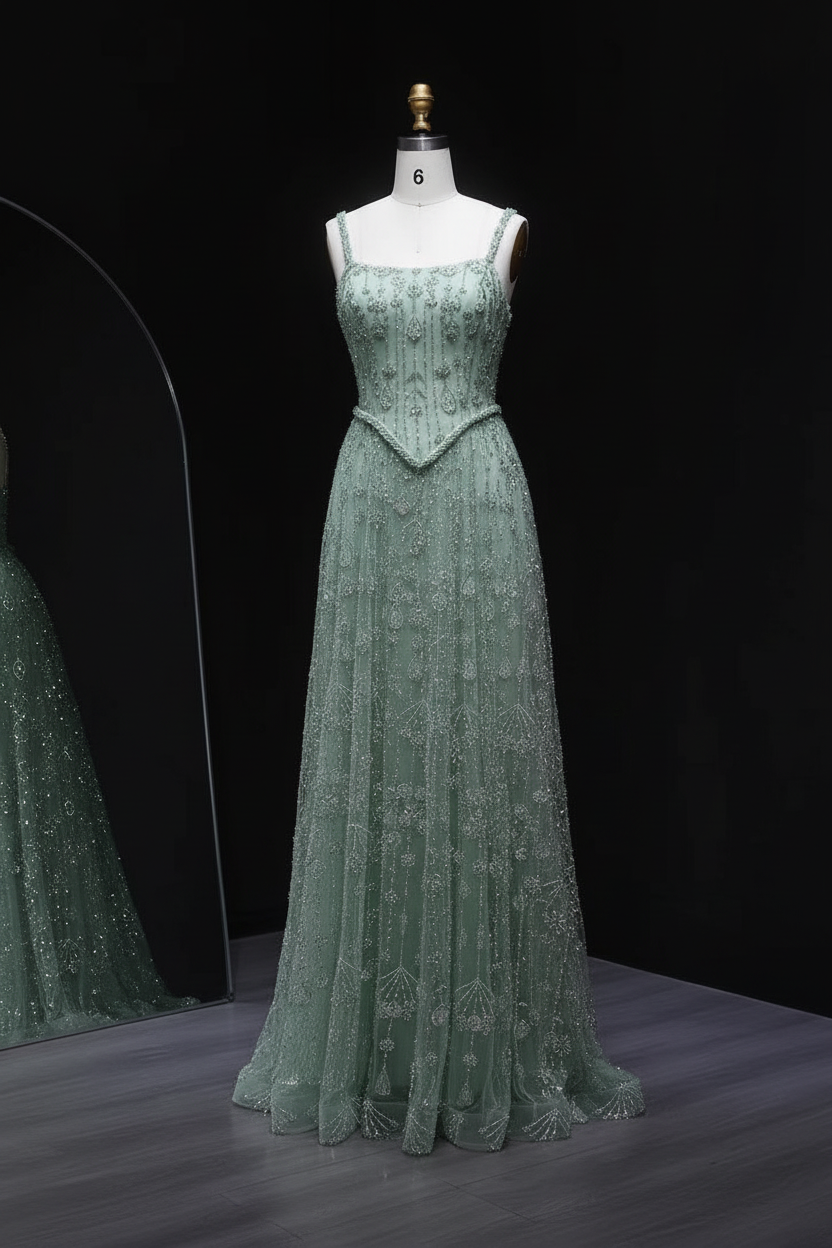 Sage Green Sequin A-Line Evening Gown