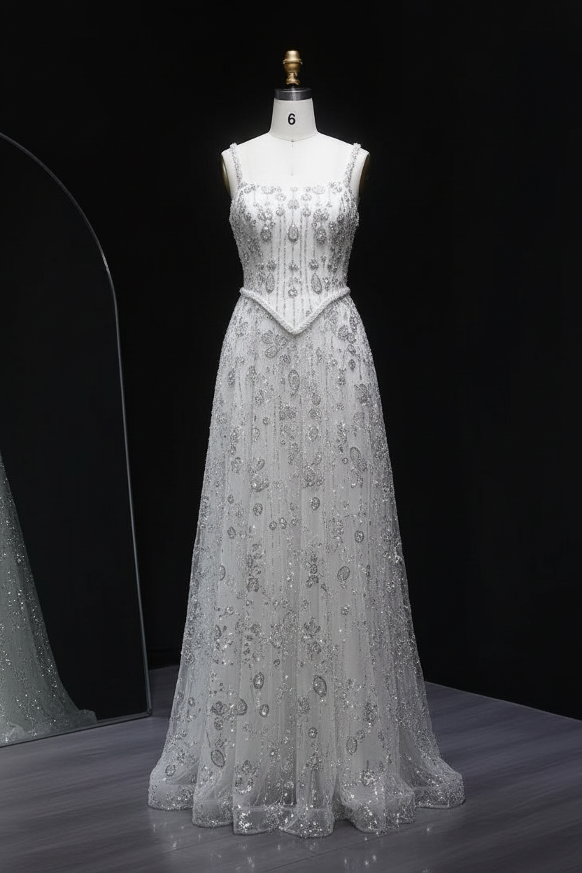 White Sequin A-Line Evening Gown