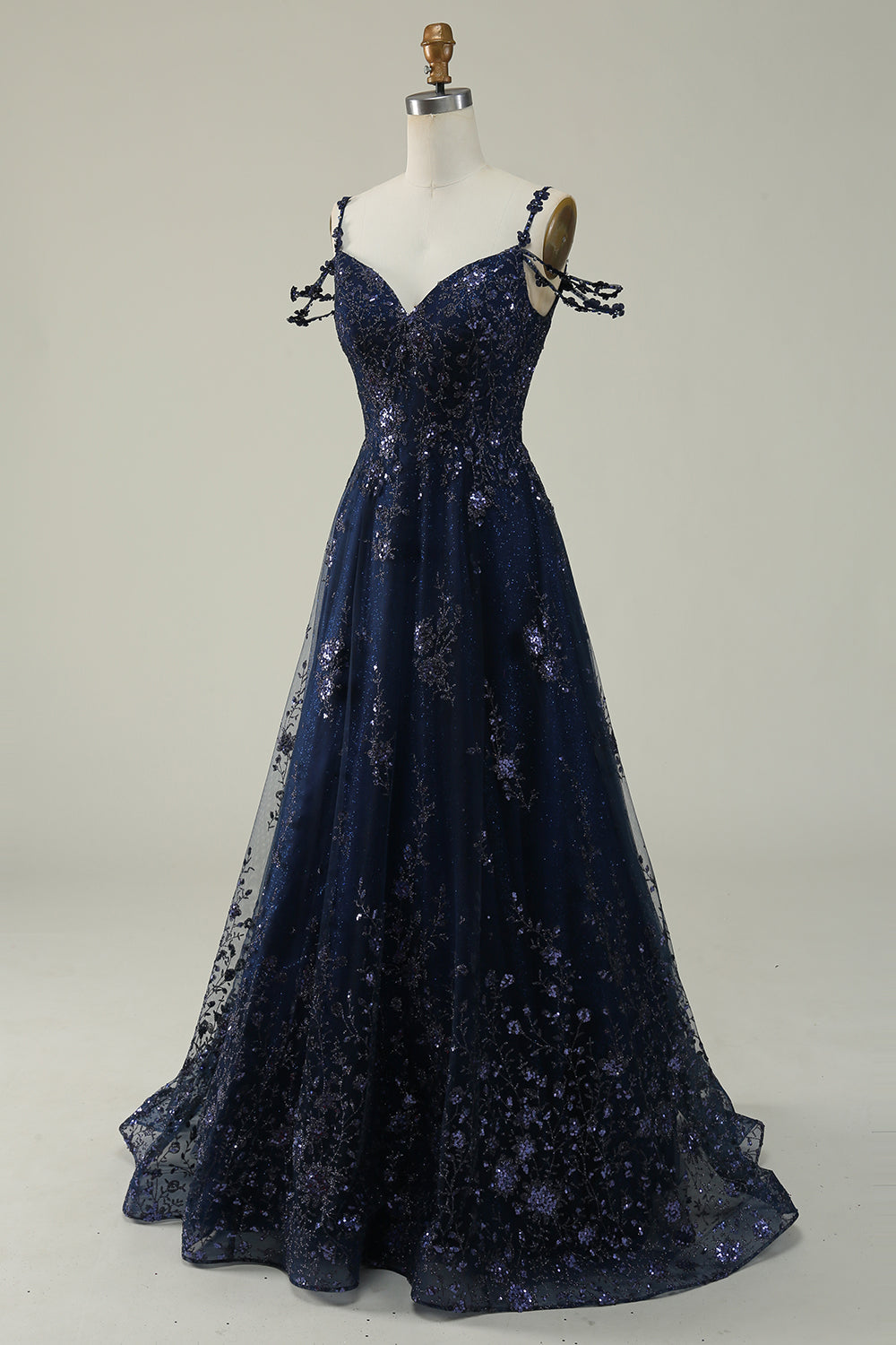 Navy A Line Cold Shoulder Beaded Prom Dress
