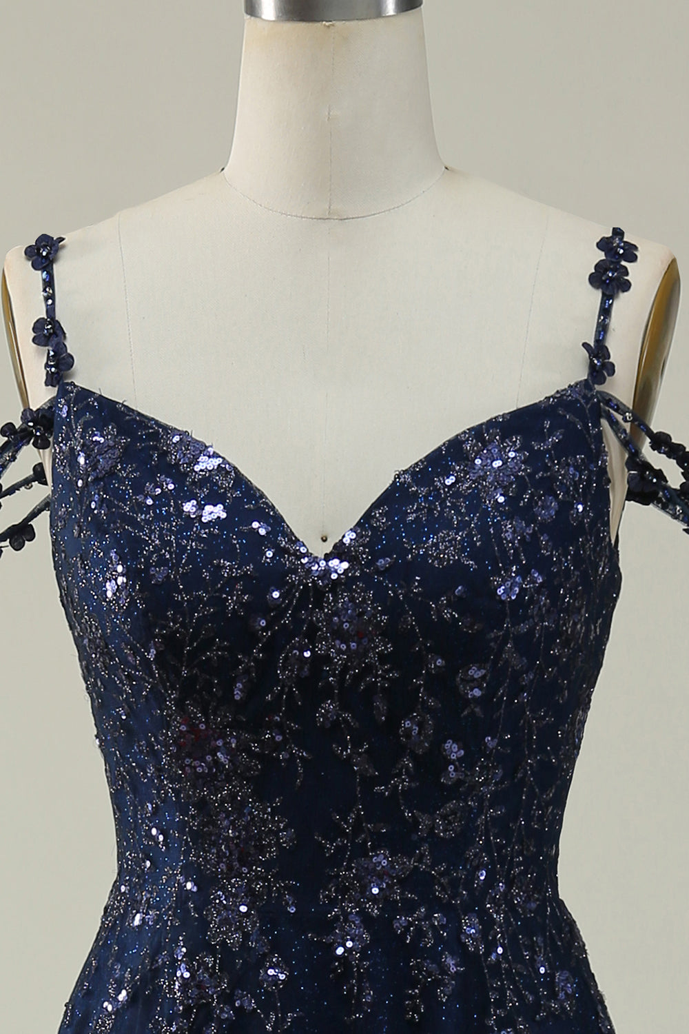 Navy A Line Cold Shoulder Beaded Prom Dress