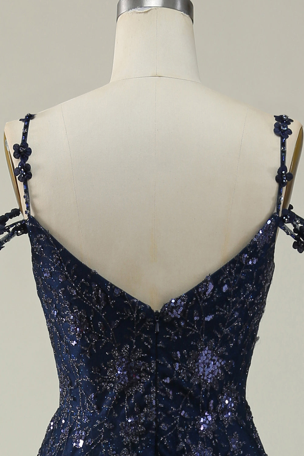 Navy A Line Cold Shoulder Beaded Prom Dress