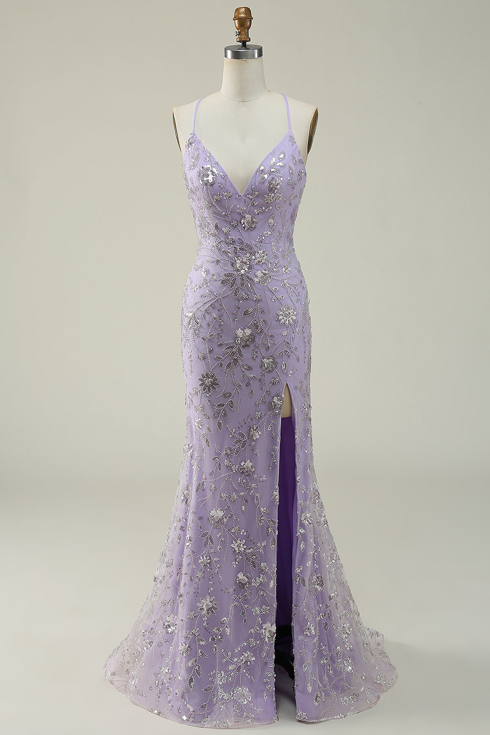 Mermaid Spaghetti Straps Purple Beaded Prom Dress with Slit